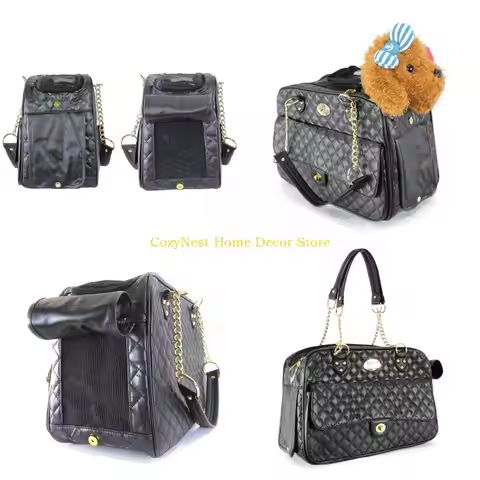 92MF Pet Travel Bag, Portable Pet Bag Go-out Bag Travel Puppy Cats Pet Tote Black PU Leather Bag
