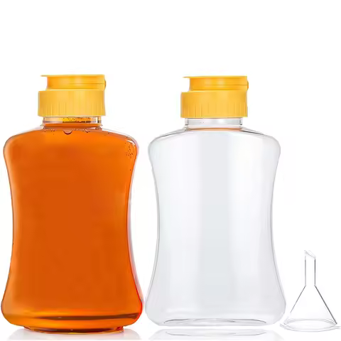 2-Pack 180ml Plastic Honey Bottles with Funnel – Leakproof Squeeze Dispensers w/Flip Lid for Ketchup