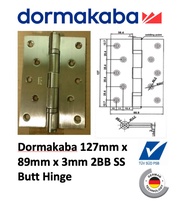 BARU Dormakaba 127mm X 89mm X 3mm 2 Ball Bearing Stainless Steel Grade 304 Butt Hinge