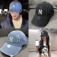 韓國潮牌MLB水洗牛仔做舊復古破洞棒球帽NY鴨舌帽