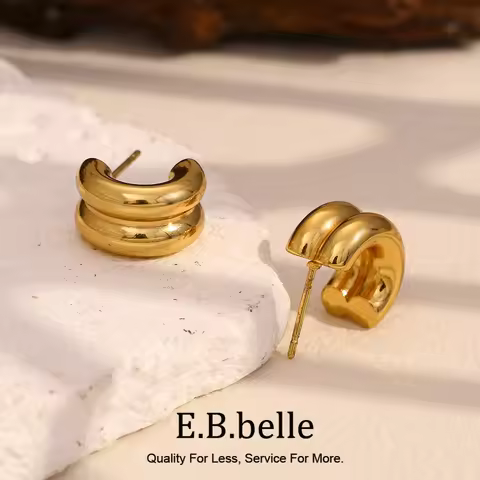 E.B.belle Minimalist Style C-shape Earring For Ladies 18K Gold Plated Stainless Steel Smooth Basic J