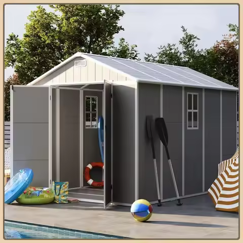 8x10ft Resin Storage Shed, Lockable Door for Tools & Bikes, Gray White