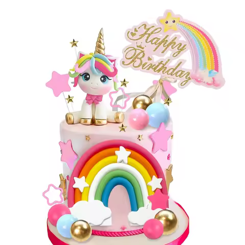 Unicorn Cake Topper, Unicorn Rainbow Cake Decorations with Rainbow Stars Unicorn Balls Happy Birthda