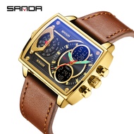 Sanda นาฬิกาอิเล็กทรอนิกส์ทรงสี่เหลี่ยมโลหะ,เทรนด์แฟชั่นใหม่นาฬิกาธุรกิจแบบหลายเวลา6032-9