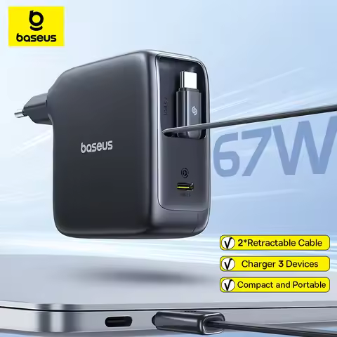 Baseus 67W GaN Charger With Dual Retractable Cable Fast Charger for iPhone Xiaomi Samsung Travel Cha