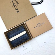 ♞,♘,♙Coach Wallet Short Wallet Men's Fashion Foldable Wallet Multi-card Slot Plaid Stripe Shape Ready Stock