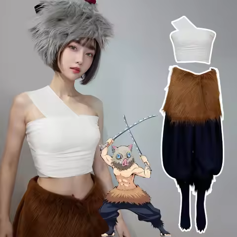 Hashibira Inosuke Cosplay Costume, Boar Head Mask Set, Halloween Party Outfit Inosuke Wigs Package P