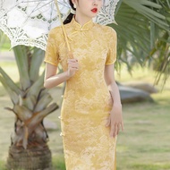 Cheongsam Year bone-eroded modified young style retro yellow women's dress旗袍年蚀骨改良年轻款气质复古黄色中国女连衣裙