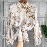STANLEY Coco New Chinese Vintage Temperament Printing Mulberry Silk Plate Buckle Stand-Up Collar Bubble Sleeve Silk Women S Shirt