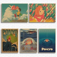 โปสเตอร์วินเทจ Ponyo On The Cliff Hayao Miyazaki โปสเตอร์สติกเกอร์ติดกำแพงย้อนยุคการตกแต่งบ้านภาพวาด