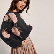Floral Intarsia Boat Neck Long Sleeve Knit Sweater, Fall, Autumn, Cowgirl, Western, Female Country L