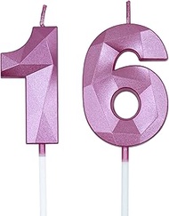 16th & 61st Birthday Candles for Cake, Pink Number 16 61 3D Diamond Shaped Candle Birthday Decoratio