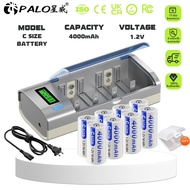 PALO C Size Rechargeable Battery R14 4000mAh 1.2V NIMH  Battery LCD charger for AA AAA C D 9V