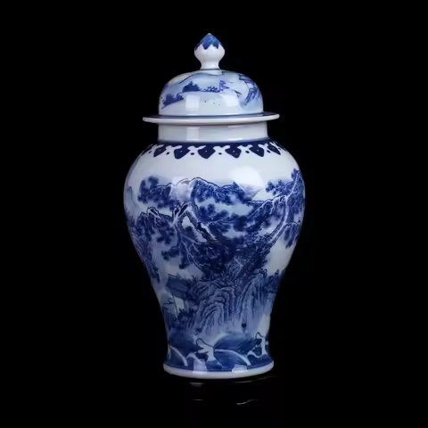 Blue White Chinese Vase with Lid Landscape Mountain Hill Tree Design Antique Ginger Jar White Porcel