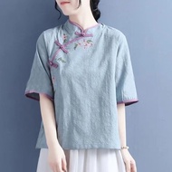 2023 Chinese Style Embroidered Half-Sleeved Women's Button Cheongsam Top Chinese Style Improved Imitation Cotton Linen Zen Tea Clothes Hanfu 2023 Chinese Style Embroidered Half-Sleeved Women's Button Cheongsam Top Chinese Style Improved Improved Imitation