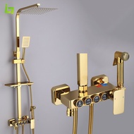 {SG Stock}Rain shower set Luxury Gold Bathroom All Metal Shower Faucet Set  With Bidet Spray and Shelf Cold and Hot 4 Function Mixer