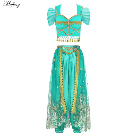 Women Arabic Belly Dance Costume Oriental Indian Sari Bollywoods Jasmine Halloween Cosplay Top Pants