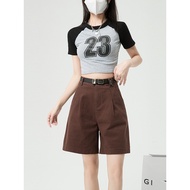 Brown Casual Five-Point Shorts Women Summer Outer Wear Coffee Color Five-Point Pants Straight Small 