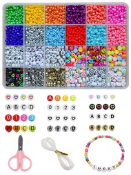 Cuentas De Vidrio De 12 Colores De 4 Mm Y Cuentas De Alfabeto De Acrílico De 7x4mm Con 1 Rollo De Cordón Elástico Y 1 Tijera Pequeña Rosa Para Hacer Pulseras, Collares Y Joyas