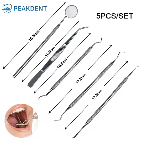 5Pcs Stainless Steel Dental Prepared Tool Set Dentist Instruments Tweezer Hoe Sickle Scaler Mirror T