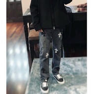 Chrome Hearts American Retro High Street Black White Leather Flame Men Jeans