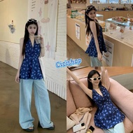 Cicishop(J21187) Smocked Back Halter Top Blue Floral Print Fabric Tight Fit French Style