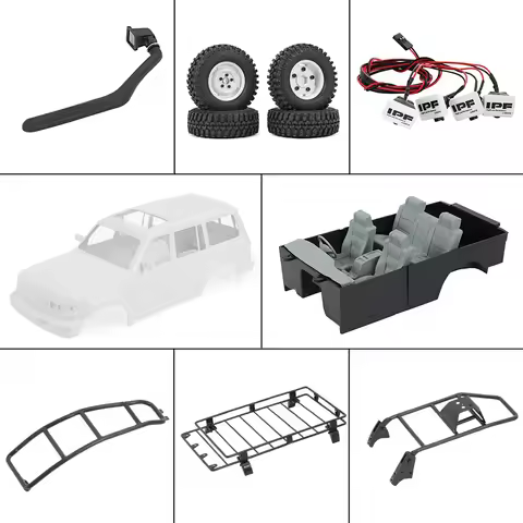 1/10 Scale LC80 Hard Body Mount Roof Rack Interior Tail Ladder Spare Wheel Carrier Snorkel LED Lamp
