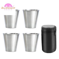 Stainless Steel Shot Cups, Set of 4 Cups, Metal Shot Glasses, Stackable, Hip Flask Small with Leathe