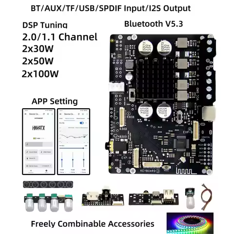 App Controlled Bluetooth 5.3 DSP Tuned 2.0 Amplifier 2x20/30/40/50/80/100W Effects WS2812 Inputs TF/