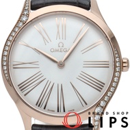 歐米茄碟飛系列 Tresor 石英錶 36 毫米 鑲鑽錶圈 428.58.36.60.02.001 盒裝，保固卡，18K 玫瑰金/皮革錶帶，男士腕錶，白色，拋光，成色極佳 [二手]