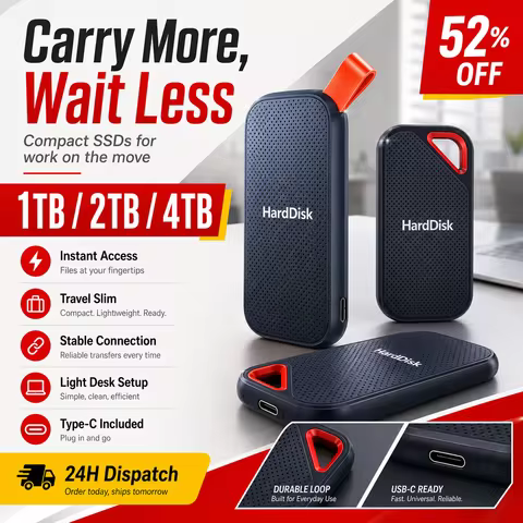 Portable 2TB External SSD Hard Drive USB 3.0 Type-C Storage for Laptop/Mac/PC Compact Build