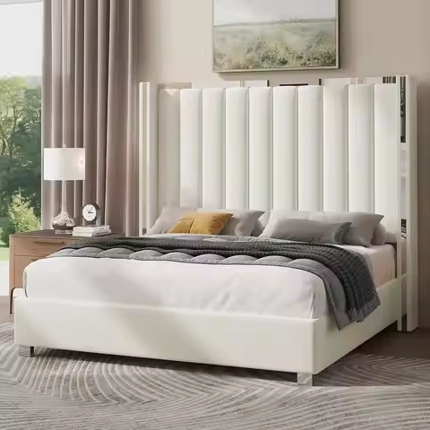 Queen Bed Frame 58" Tufted Wingback Headboard Velvet Chrome Trim Wood Slats EVA Noise Reduction 1000
