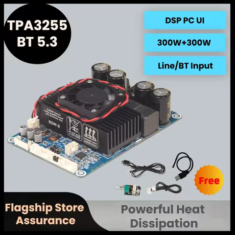 300W+300W DSP PC UI TPA3255 Bluetooth 5.3 Audio Amplifier DC18-48V AUX Input Volume Control BDM8 Aud