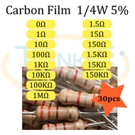 Resistor 0.25W 0ohm, 1ohm, 1.5 ohm, 10ohm, 15 ohm, 100ohm, 1Kohm, 10K, 15K, 100K, 150K, 1Mohm  1/4W 