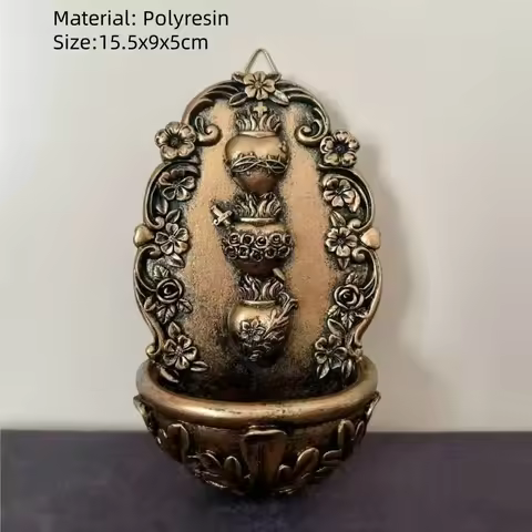 Holy Water Font With Hook Wall Hanging Polyresin Holy Water Pool 15.5X9CM Antique Bronze Religious S