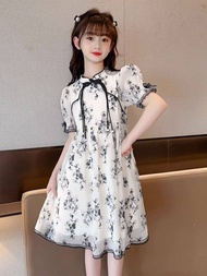 NW Superseller Fashion GirlsKids Short Sleeve Cheongsam Dress for Girls High Neck Baggy Cotton Floral Print Chinese Knot Style Stand Collar Button Sleeveless Cheongsam Dress 3-12yrs
