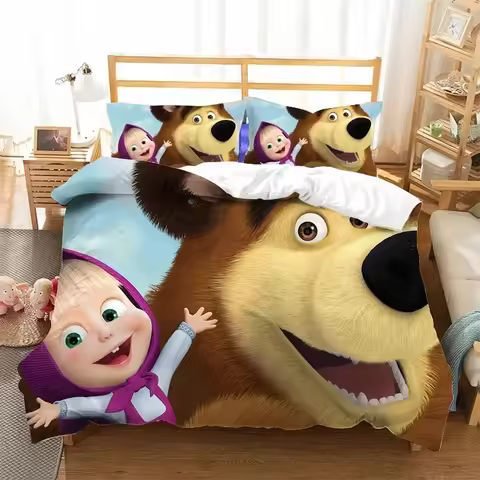 Hot Sale Masha and The Bear Bedding Set Quilt Cover with Pillowcase Anime Bedroom DecorDuvet Cover B