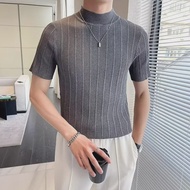 เสื้อถักแบบสวมหัวแขนสั้นของผู้ชายสไตล์ลำลองเสื้อครึ่งโปโล/คอเต่าเข้ารูปเสื้อชั้นพื้นเรียบสไตล์เกาหลี