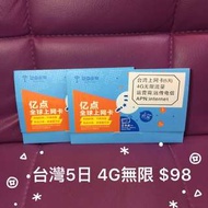Taiwan台灣 5日4G 無限上網卡