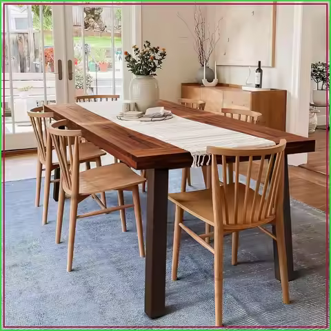 Acacia Wood Dining Table 6-Person Indoor Outdoor with Iron Legs, Sandblast, Natural, Rustic, 69x33x3