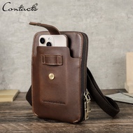 CONTACTS Genuine Leather Phone Bag for Men Small Waist Bag Male Travel Crossbody Bag Passport Holder