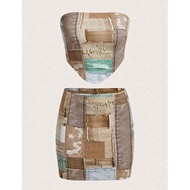 Western Cowgirl Patchwork & Denim Effect Print Tube Top & Bodycon Skirt