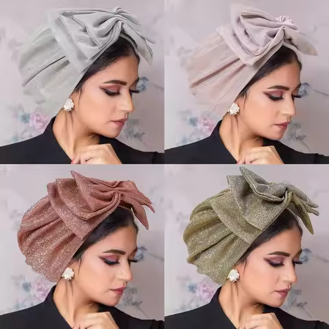 Glitter Bow Hand Stitched Turban Islamic Headscarf Cap