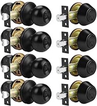 Probrico Flat Black Entry Door Knobs and Single Cylinder Deadbolt Lock Combo Set, Exterior Lockset, Keyed Alike, Set of 4