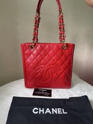 CHANEL red caviar leather embossed logo PST tote bag