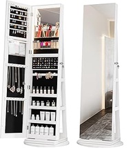 Kasibie Full Length Mirror Jewelry Cabinet 360° Swivel, Standing Mirror With Jewelry Storage, Lockable Jewelry Organizer (White)
