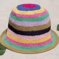 鉤織棉麻帽 漁夫帽 遮陽帽 拼布帽 棉麻帽 手工編織帽-彩虹糖果色