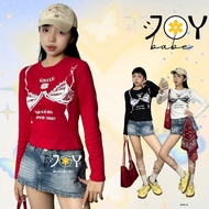 JOY BABE long-sleeved y2k shirt, red, white, black t-shirt, 2yk style crop top, medium fit baby tee 