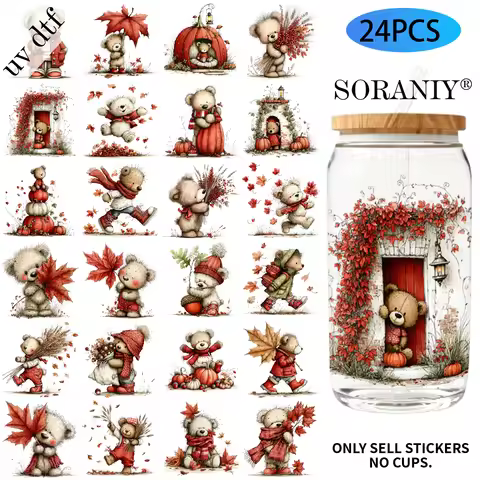 24PCS/Set Whimsical Autumn Bear Themed UV DTF DIY 16OZ Transfer Stickers Water Bottles Glass Bottles