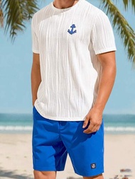 Manfinity RSRT 男士夏季輕盈透氣針織休閒錨紋白色紋理圓領短袖T恤和棕櫚樹圖案藍色短褲套裝，適用於海灘假期、衝浪父親/母親節、節慶服飾